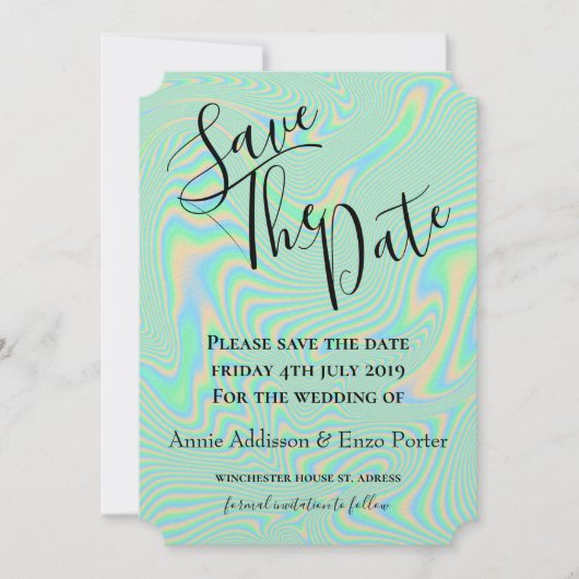 Vloeibare faux-groene holografische structuur save the date (Voorkant)