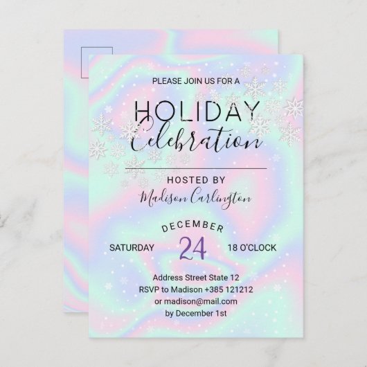 Vloeibare Faux Holografische Textuur Sneeuwvlokken Uitnodiging Briefkaart (Voorkant / Achterkant)