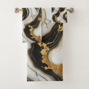 Vloeibare Goud Zwarte Witte Marmer Look Glam Bad Handdoek