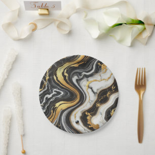 Vloeibare Gouden Zwarte Witte Marmer Look Glam Tro Papieren Bordje