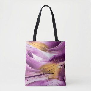 Vloeibare kunst, lila gouden gemarmerde textuur. tote bag