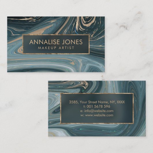 Vloeibare marmer Abstracte kunst Blauw en goud Visitekaartje (Voorkant / Achterkant)