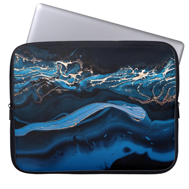 Vloeibare metalen goud in abstract blauw laptop sleeve (Voorkant)