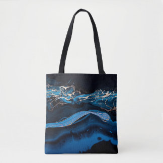 Vloeibare metalen goud in abstract blauw tote bag