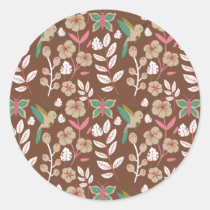 Vloeibare naadloze bloemen, bladeren, vlinder ronde sticker