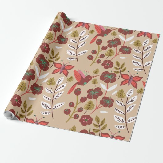 Vloeibare naadloze bloemen, vogels, vlinder cadeaupapier (Uitgerold)