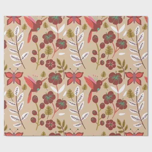 Vloeibare naadloze bloemen, vogels, vlinder cadeaupapier (Vlak)
