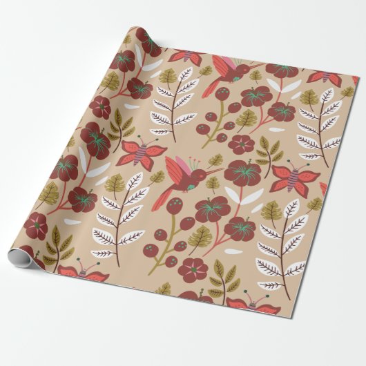Vloeibare naadloze bloemen, vogels, vlinder cadeaupapier (Uitgerold)