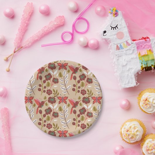 Vloeibare naadloze bloemen, vogels, vlinder papieren bordje (Feest)