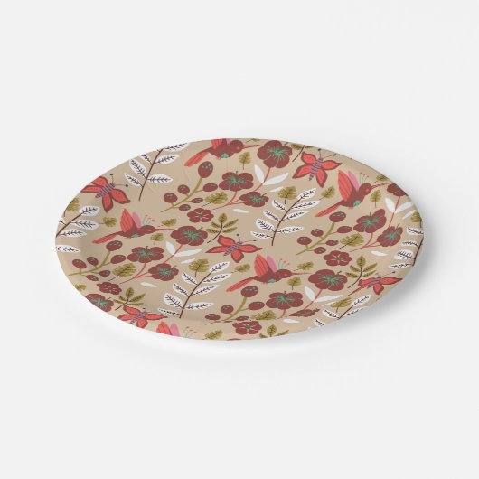 Vloeibare naadloze bloemen, vogels, vlinder papieren bordje (Gekanteld)