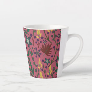 Vloeibare naadloze roze bloemen bladeren een tak latte mok