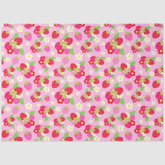 Vloeibare rode en roze aardbeien en bloemen op roz tissuepapier (Voorkant)