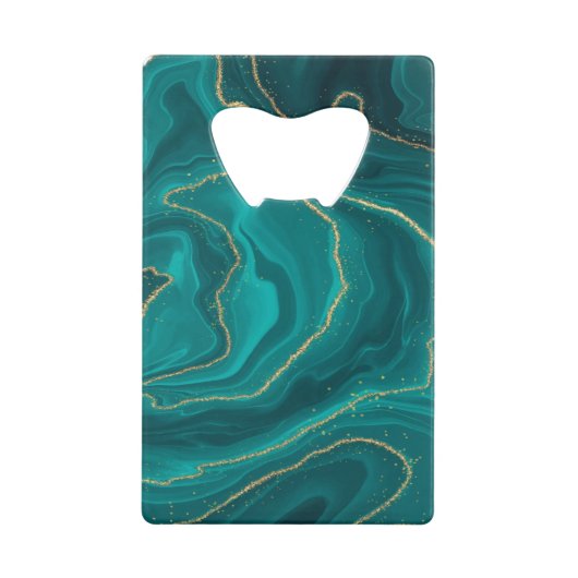 vloeibare turquoise marmer met gouden achtergrond creditkaart flessenopener (Voorkant)