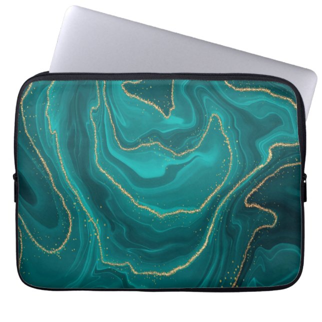 vloeibare turquoise marmer met gouden achtergrond laptop sleeve (Voorkant)