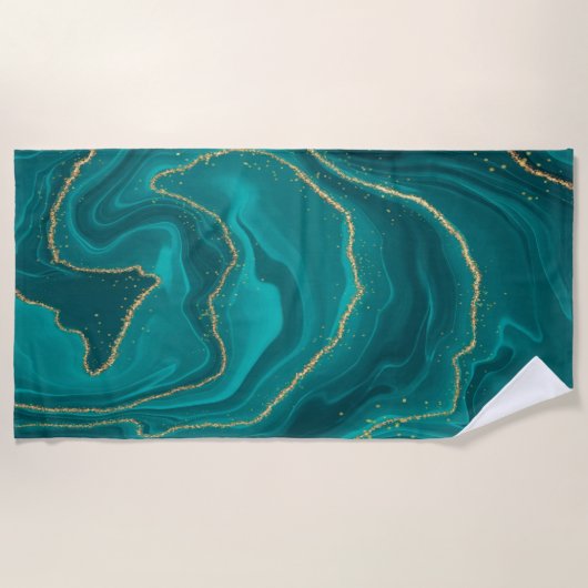vloeibare turquoise marmer met gouden achtergrond strandlaken (Voorkant)