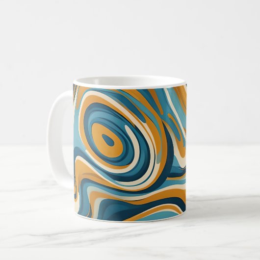 Vloeibare werveling oker blauw trippy patroon koffiemok (Voorkant links)