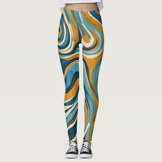Vloeibare werveling oker blauw trippy patroon leggings (Voorkant)