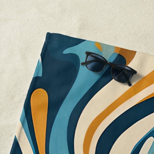 Vloeibare werveling oker blauw trippy patroon strandlaken (In situ)