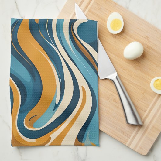 Vloeibare werveling oker blauw trippy patroon theedoek (Quarter Fold)