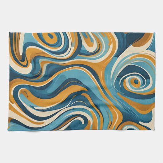 Vloeibare werveling oker blauw trippy patroon theedoek (Horizontaal)