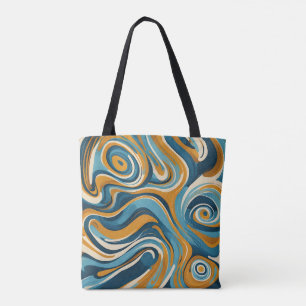 Vloeibare werveling oker blauw trippy patroon tote bag