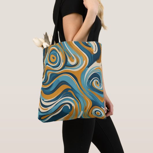 Vloeibare werveling oker blauw trippy patroon tote bag (Dichtbij)