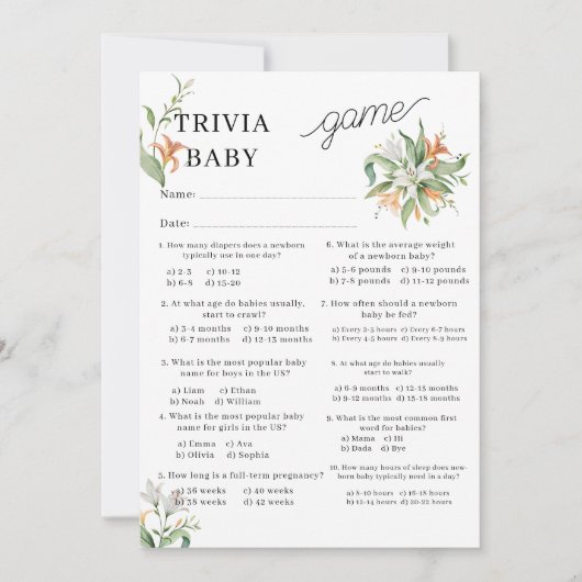 Vloeiend Bouquet Baby shower Trivia Gam Notitiekaartje (Voorkant)