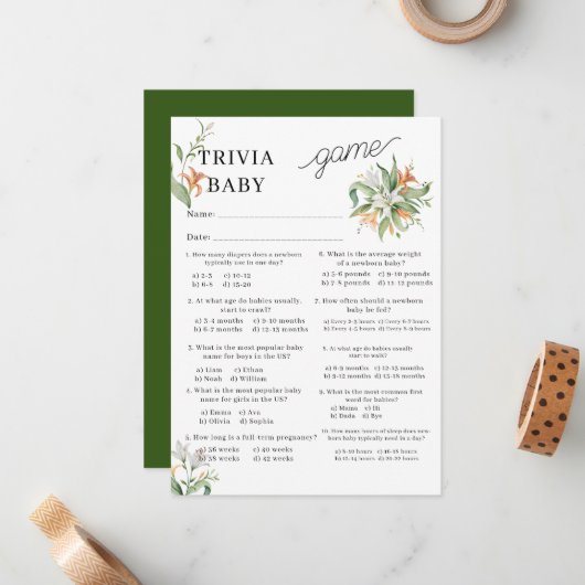 Vloeiend Bouquet Baby shower Trivia Gam Notitiekaartje (Voorkant / Achterkant in situ)