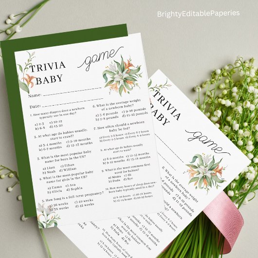 Vloeiend Bouquet Baby shower Trivia Gam Notitiekaartje