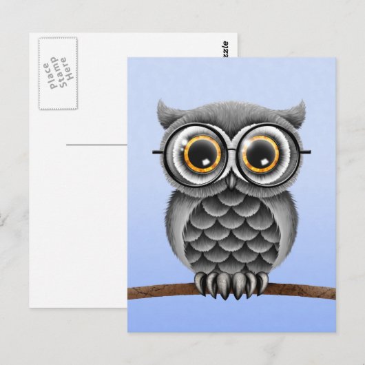 Vloeiend grijs kieuwmeel met bril, lichtblauw briefkaart (Voorkant / Achterkant)