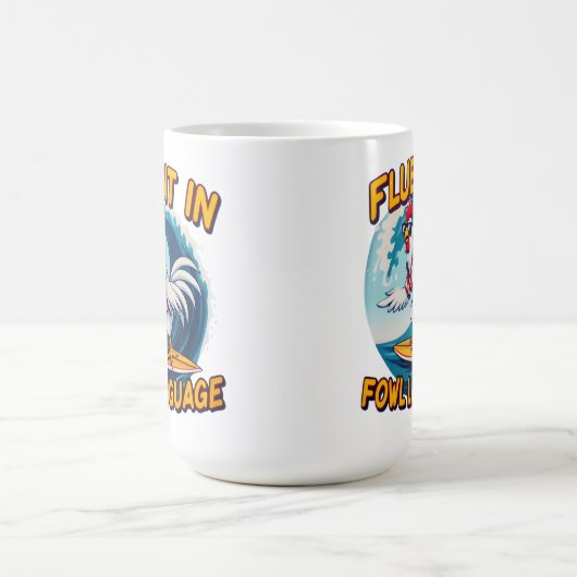 Vloeiend in Fowl Language Rooster Riding The Surf Koffiemok (Center)