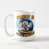 Vloeiend in Fowl Language Rooster Riding The Surf Koffiemok (Links)