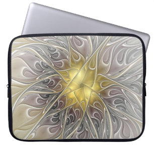 Vloeiend met goudmatige Abstracte fractale bloem Laptop Sleeve