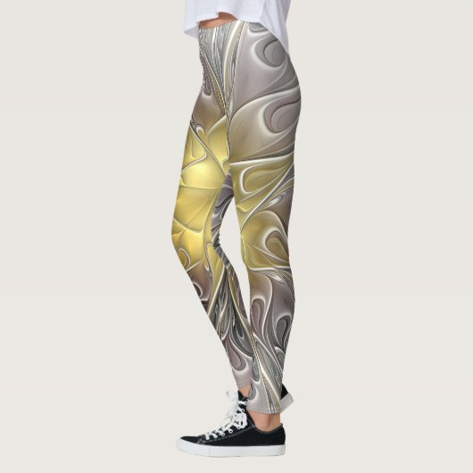 Vloeiend met goudmatige Abstracte fractale bloem Leggings (Links)