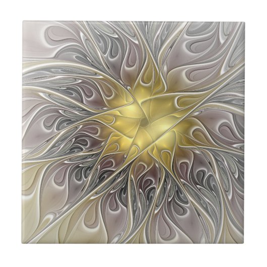 Vloeiend met goudmatige Abstracte fractale bloem Tegeltje (Voorkant)