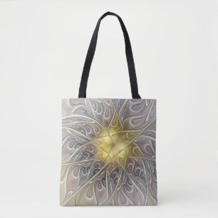 Vloeiend met goudmatige Abstracte fractale bloem Tote Bag