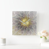 Vloeiend met goudmatige Abstracte fractale bloem Vierkante Klok (Huis)