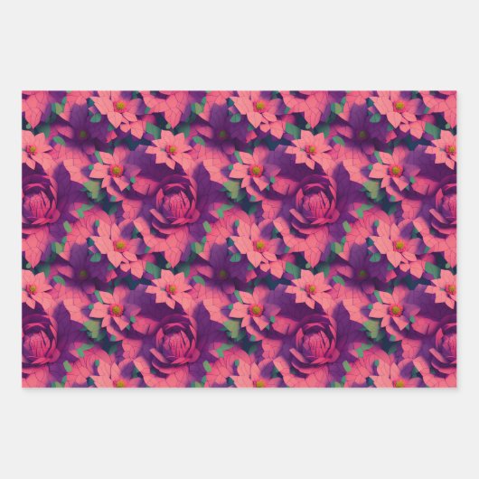 Vloeiend papier voor rimpelvulling - Donkerroze Fl Inpakpapier Vel (Voorkant 2)