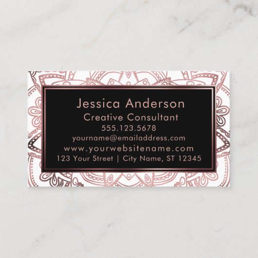 Vloeiend Roos Gold Foil Mandala boven wit Visitekaartje (Achterkant)