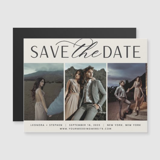 Vloeiend script | 3 Foto Save the Date Magnet (Voorkant / Achterkant)