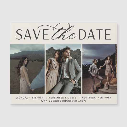 Vloeiend script | 3 Foto Save the Date Magnet (Voorkant)