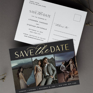 Vloeiend script   3 Foto Wedding Save the Date Folie Uitnodiging Briefkaart