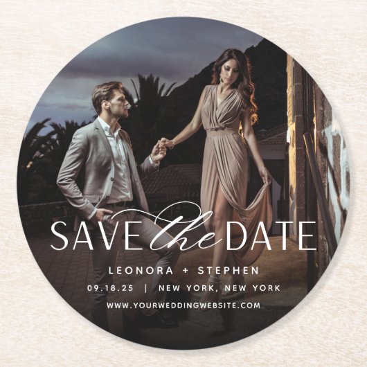 Vloeiend script | De foto bewaart de Datum Ronde Kartonnen Onderzetter (Voorkant)