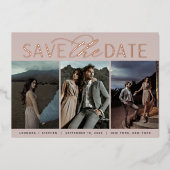 Vloeiend script | Drie Foto slaat de datum op Folie Uitnodiging (Voorkant)