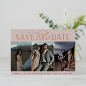 Vloeiend script | Drie Foto slaat de datum op Folie Uitnodiging (Staand Voorkant)