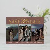 Vloeiend script | Drie Foto slaat de datum op Folie Uitnodiging (Staand Voorkant)