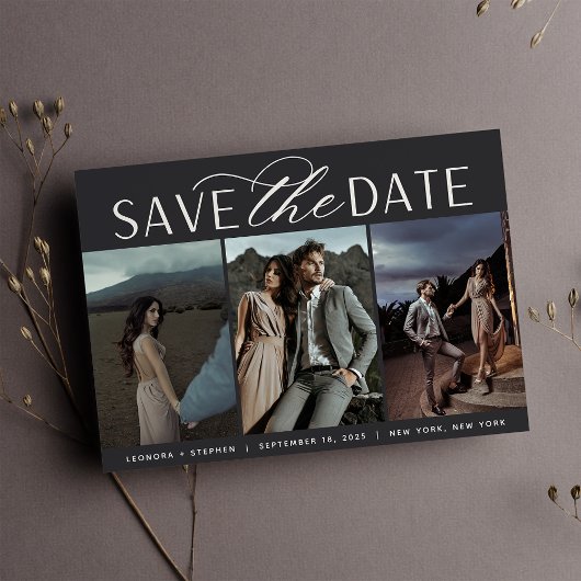 Vloeiend script | Drie fotobruiloft Save The Date