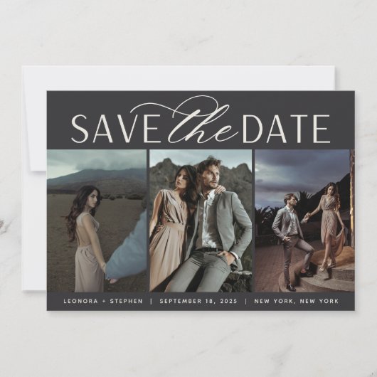 Vloeiend script | Drie fotobruiloft Save The Date (Voorkant)