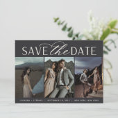 Vloeiend script | Drie fotobruiloft Save The Date (Staand voorkant)
