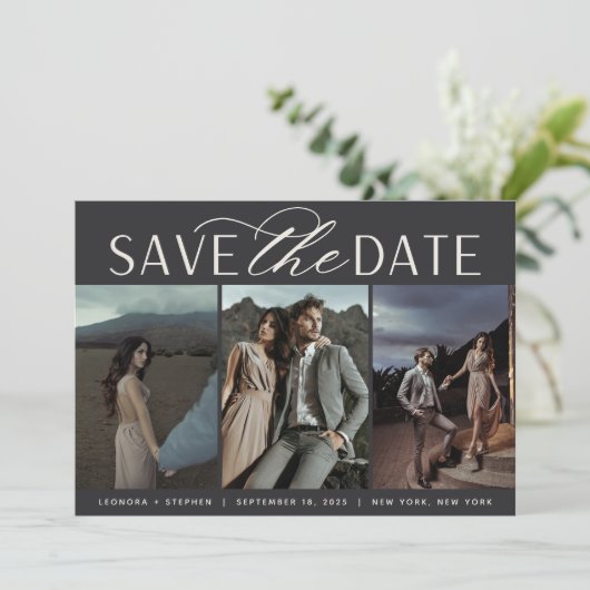Vloeiend script | Drie fotobruiloft Save The Date (Staand voorkant)